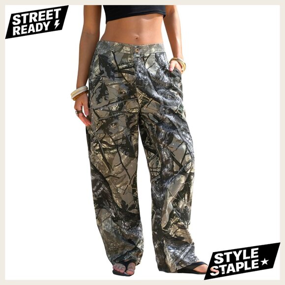 High Waisted Straight Leg Cargo Jeans 100% Cotton Baggy Fit